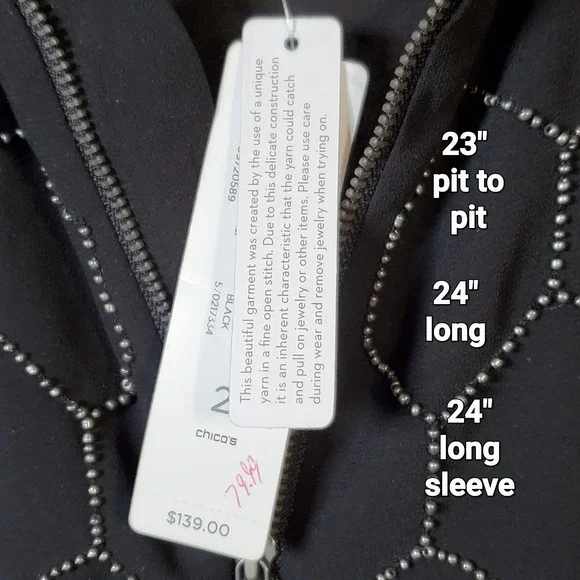 Chico's Beaded Full Zip Bomber Jacket Black Silver Sequined Embellished Sz L/2 - Picture 5 of 8